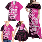 New Zealand Silver Fern Rugby Custom Family Matching Off Shoulder Maxi Dress and Hawaiian Shirt All Black Maori Pattern Pink - Aussie Hoodie