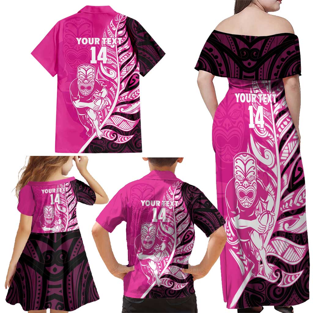 New Zealand Silver Fern Rugby Custom Family Matching Off Shoulder Maxi Dress and Hawaiian Shirt All Black Maori Pattern Pink - Aussie Hoodie