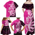 New Zealand Silver Fern Rugby Custom Family Matching Off Shoulder Maxi Dress and Hawaiian Shirt All Black Maori Pattern Pink - Aussie Hoodie