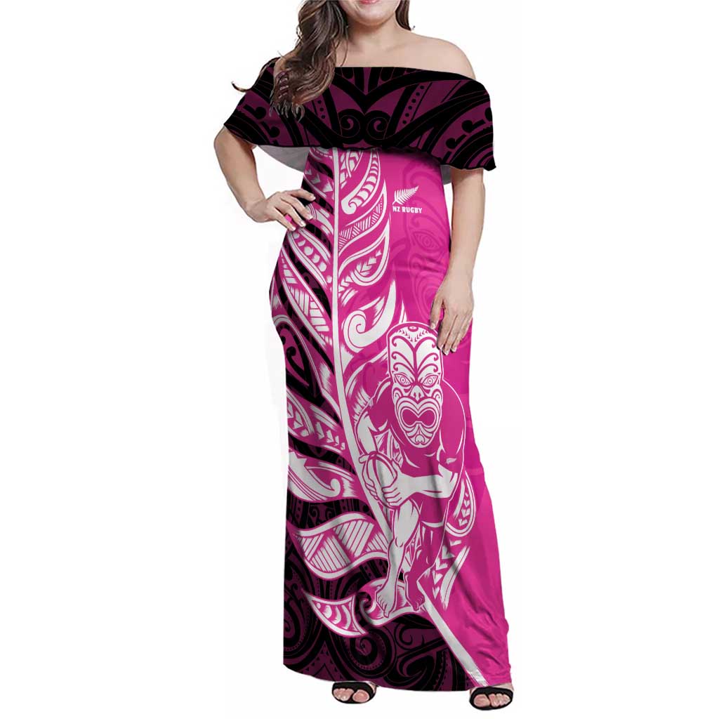 New Zealand Silver Fern Rugby Custom Family Matching Off Shoulder Maxi Dress and Hawaiian Shirt All Black Maori Pattern Pink - Aussie Hoodie