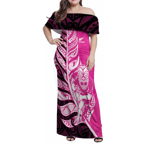 New Zealand Silver Fern Rugby Custom Family Matching Off Shoulder Maxi Dress and Hawaiian Shirt All Black Maori Pattern Pink - Aussie Hoodie