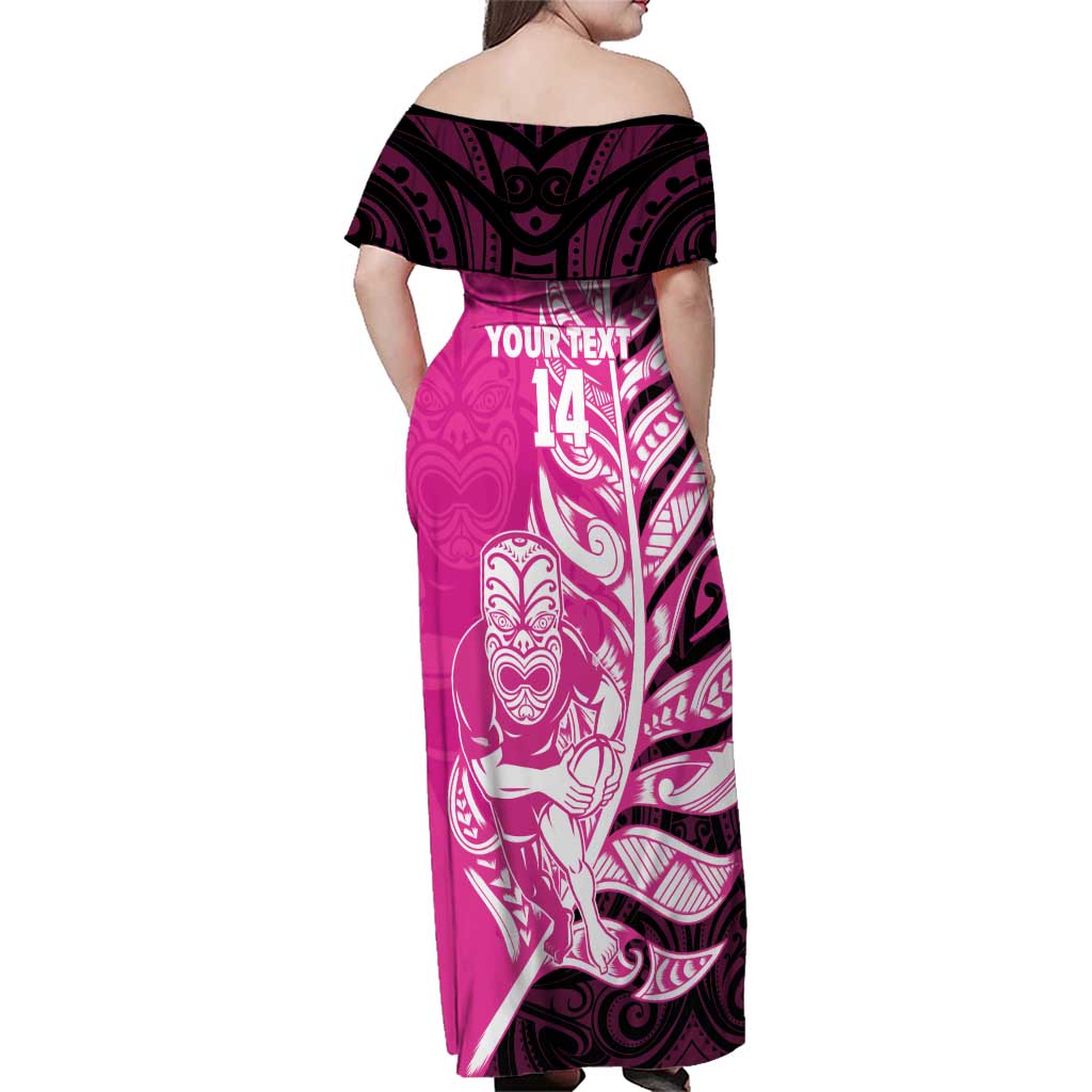 New Zealand Silver Fern Rugby Custom Family Matching Off Shoulder Maxi Dress and Hawaiian Shirt All Black Maori Pattern Pink - Aussie Hoodie
