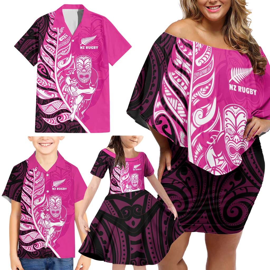 New Zealand Silver Fern Rugby Custom Family Matching Off Shoulder Short Dress and Hawaiian Shirt All Black Maori Pattern Pink - Aussie Hoodie
