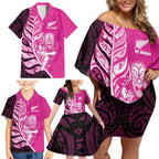 New Zealand Silver Fern Rugby Custom Family Matching Off Shoulder Short Dress and Hawaiian Shirt All Black Maori Pattern Pink - Aussie Hoodie
