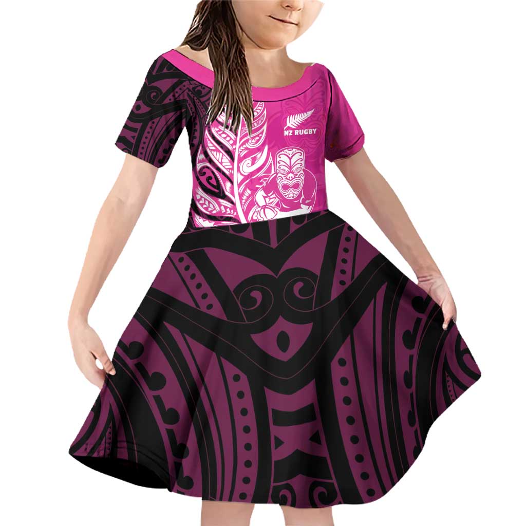 New Zealand Silver Fern Rugby Custom Family Matching Off Shoulder Short Dress and Hawaiian Shirt All Black Maori Pattern Pink - Aussie Hoodie