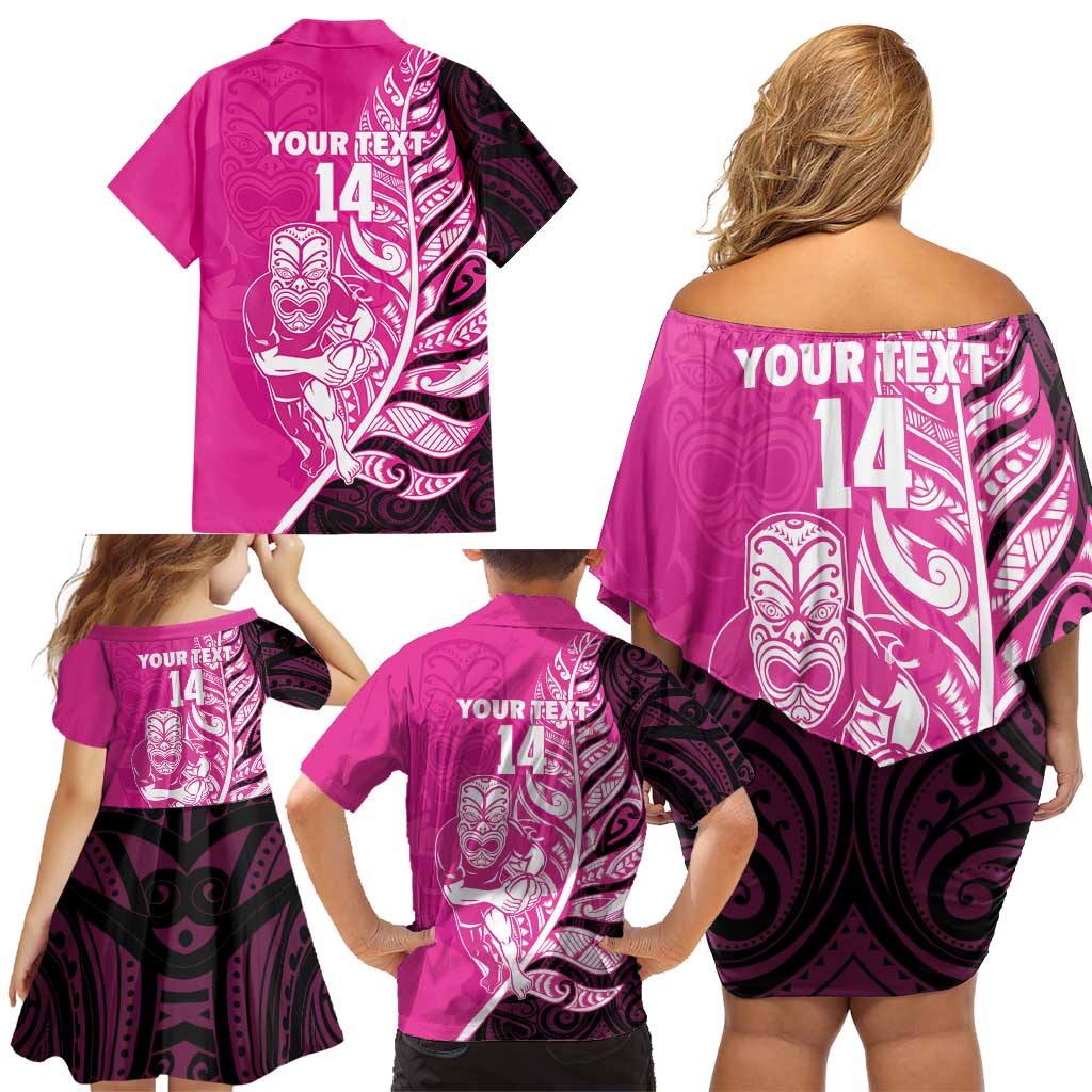 New Zealand Silver Fern Rugby Custom Family Matching Off Shoulder Short Dress and Hawaiian Shirt All Black Maori Pattern Pink - Aussie Hoodie