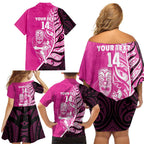 New Zealand Silver Fern Rugby Custom Family Matching Off Shoulder Short Dress and Hawaiian Shirt All Black Maori Pattern Pink - Aussie Hoodie