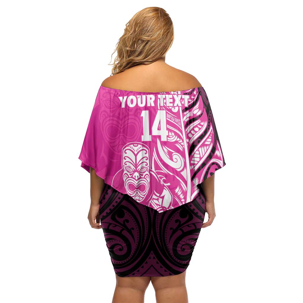 New Zealand Silver Fern Rugby Custom Family Matching Off Shoulder Short Dress and Hawaiian Shirt All Black Maori Pattern Pink - Aussie Hoodie