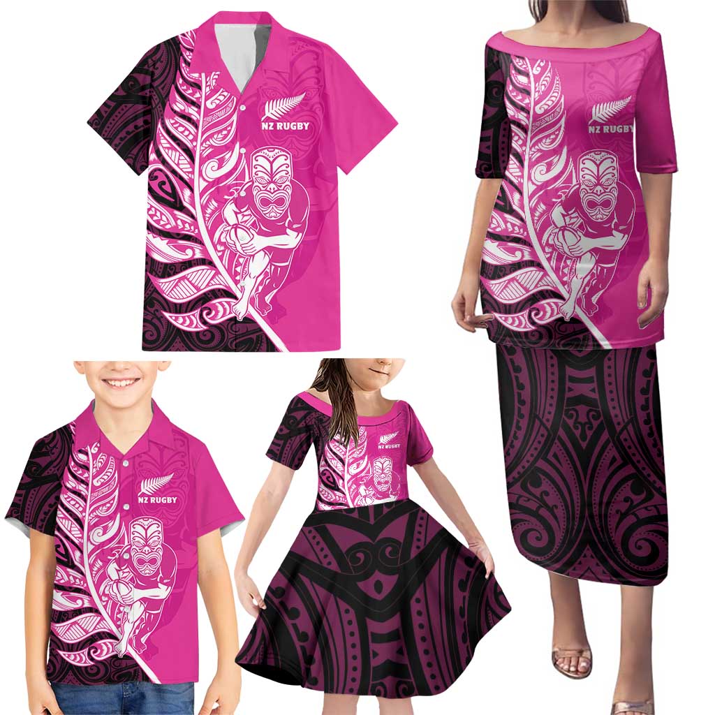 New Zealand Silver Fern Rugby Custom Family Matching Puletasi and Hawaiian Shirt All Black Maori Pattern Pink - Aussie Hoodie