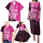 New Zealand Silver Fern Rugby Custom Family Matching Puletasi and Hawaiian Shirt All Black Maori Pattern Pink - Aussie Hoodie