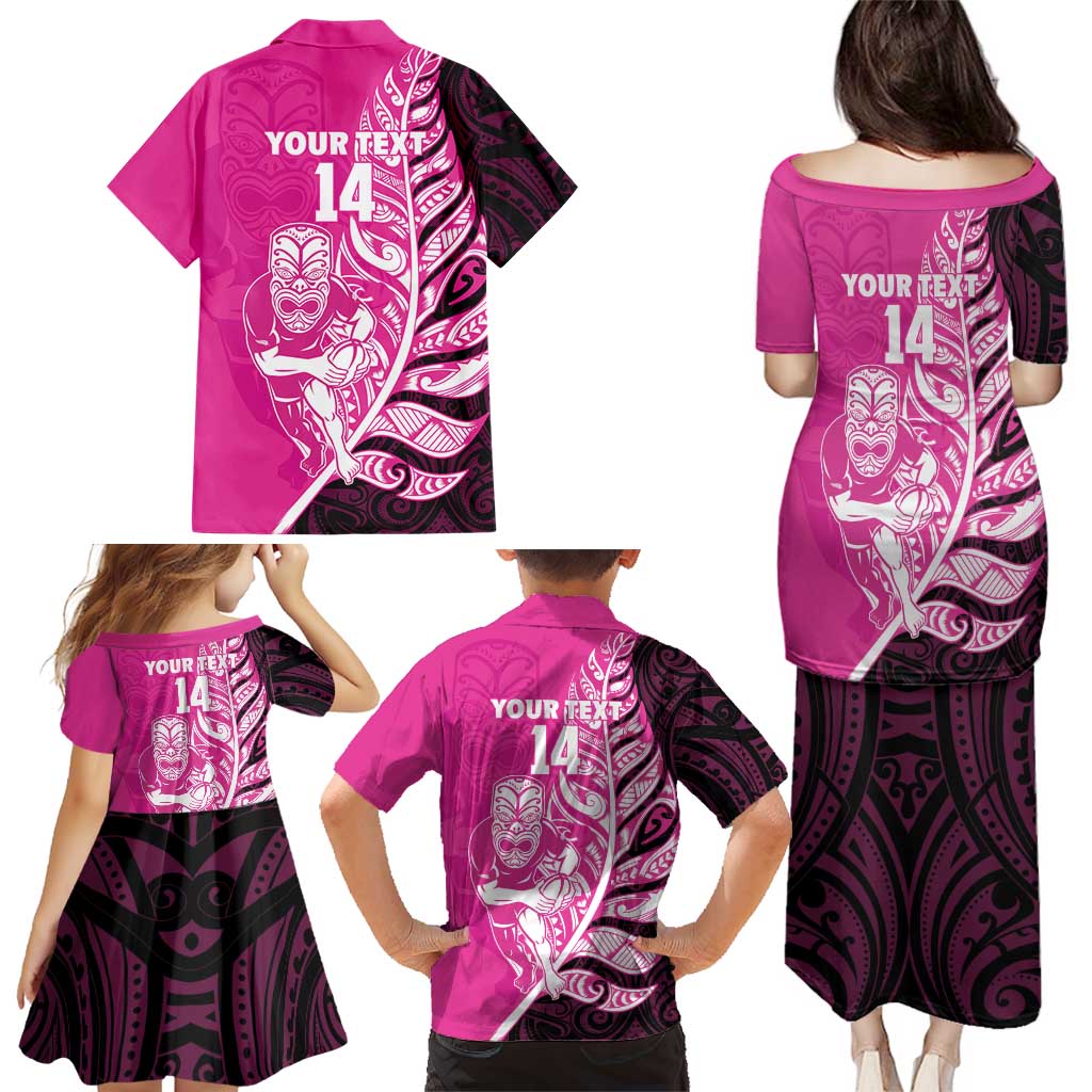 New Zealand Silver Fern Rugby Custom Family Matching Puletasi and Hawaiian Shirt All Black Maori Pattern Pink - Aussie Hoodie