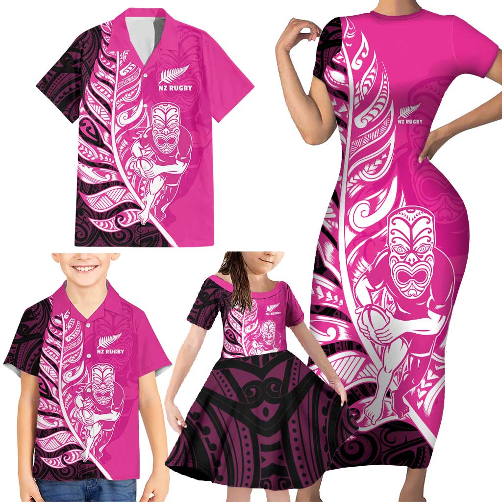 New Zealand Silver Fern Rugby Custom Family Matching Short Sleeve Bodycon Dress and Hawaiian Shirt All Black Maori Pattern Pink - Aussie Hoodie
