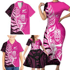 New Zealand Silver Fern Rugby Custom Family Matching Short Sleeve Bodycon Dress and Hawaiian Shirt All Black Maori Pattern Pink - Aussie Hoodie
