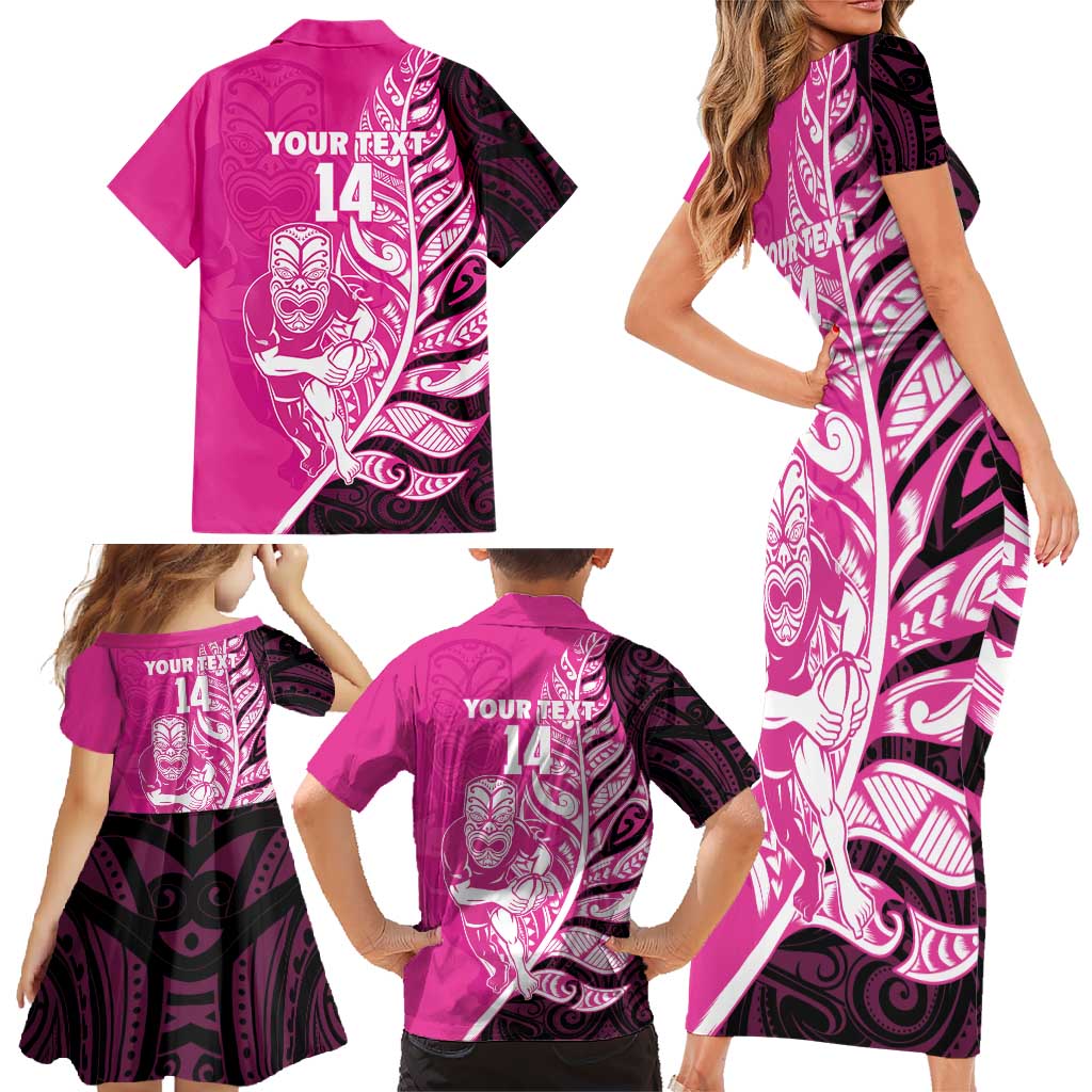New Zealand Silver Fern Rugby Custom Family Matching Short Sleeve Bodycon Dress and Hawaiian Shirt All Black Maori Pattern Pink - Aussie Hoodie