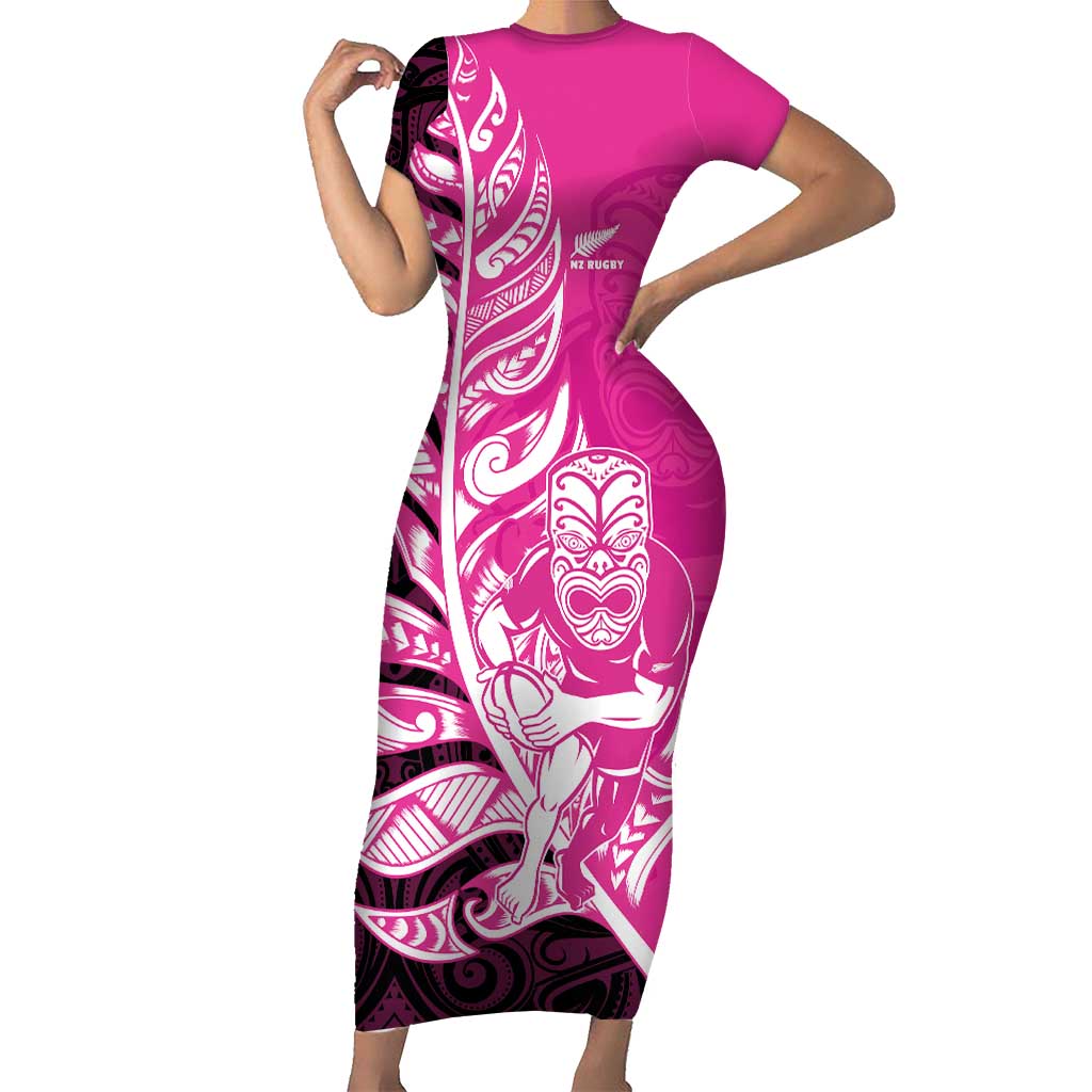 New Zealand Silver Fern Rugby Custom Family Matching Short Sleeve Bodycon Dress and Hawaiian Shirt All Black Maori Pattern Pink - Aussie Hoodie