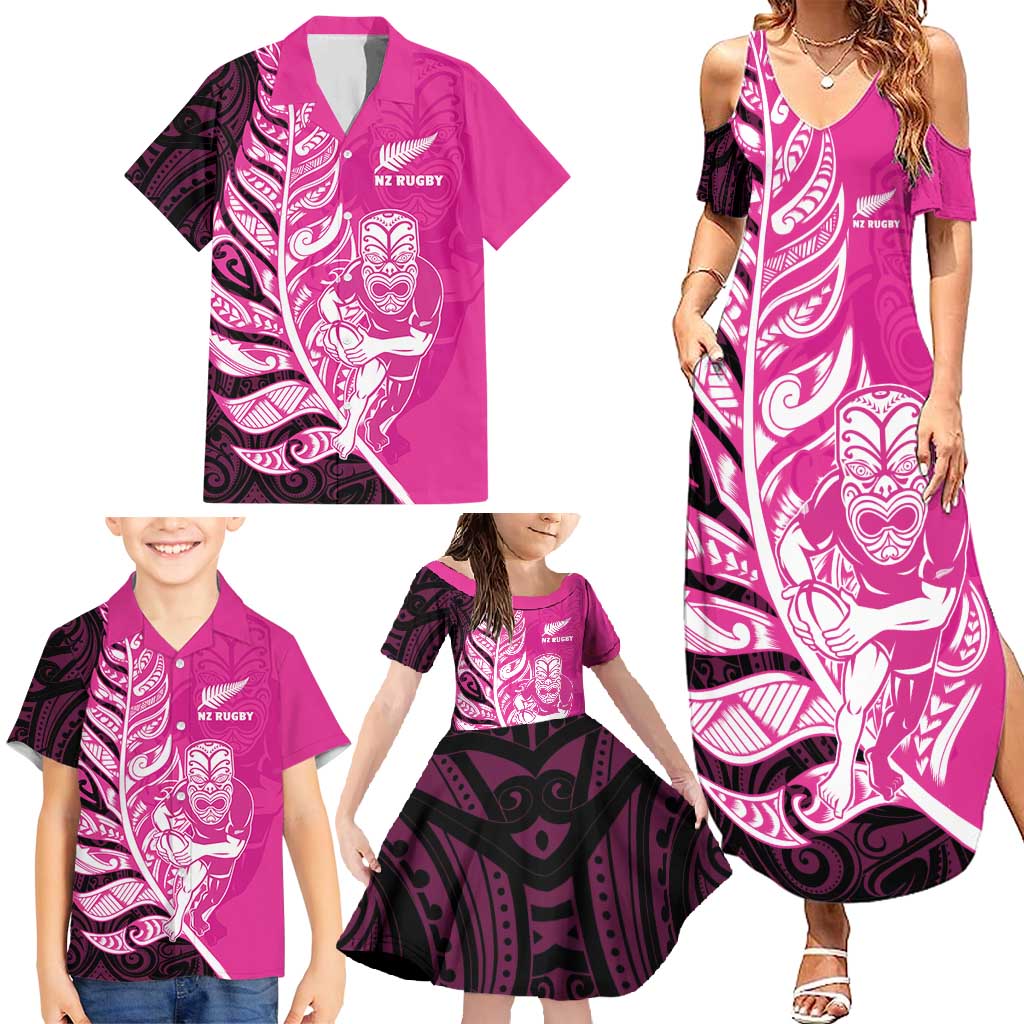 New Zealand Silver Fern Rugby Custom Family Matching Summer Maxi Dress and Hawaiian Shirt All Black Maori Pattern Pink - Aussie Hoodie