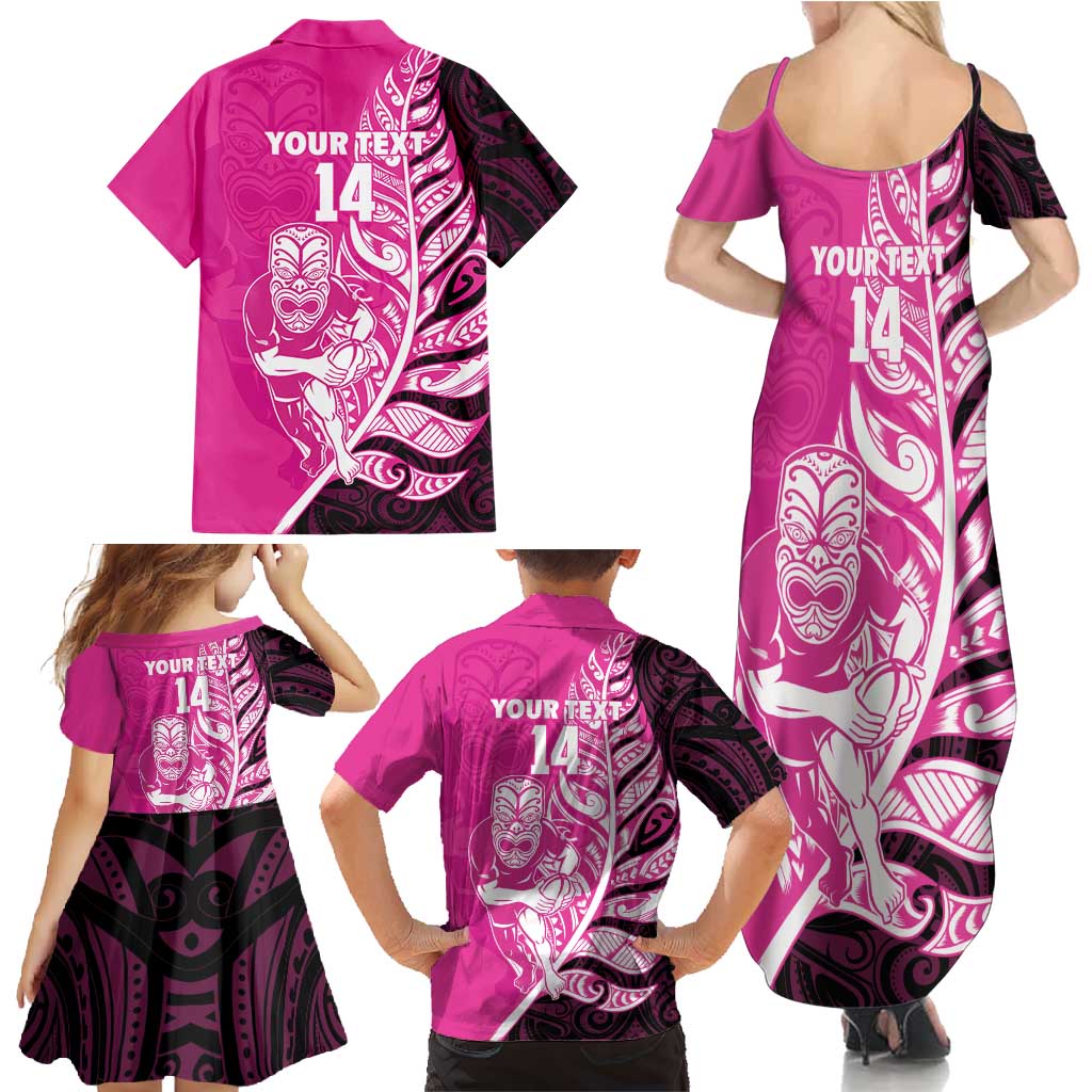 New Zealand Silver Fern Rugby Custom Family Matching Summer Maxi Dress and Hawaiian Shirt All Black Maori Pattern Pink - Aussie Hoodie