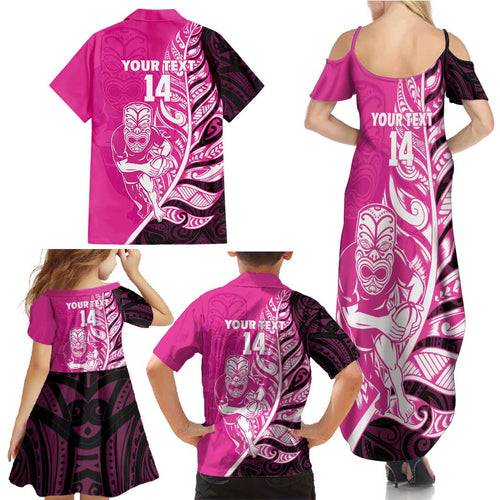 New Zealand Silver Fern Rugby Custom Family Matching Summer Maxi Dress and Hawaiian Shirt All Black Maori Pattern Pink - Aussie Hoodie