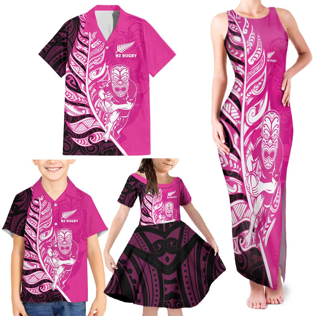 New Zealand Silver Fern Rugby Custom Family Matching Tank Maxi Dress and Hawaiian Shirt All Black Maori Pattern Pink - Aussie Hoodie
