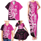 New Zealand Silver Fern Rugby Custom Family Matching Tank Maxi Dress and Hawaiian Shirt All Black Maori Pattern Pink - Aussie Hoodie
