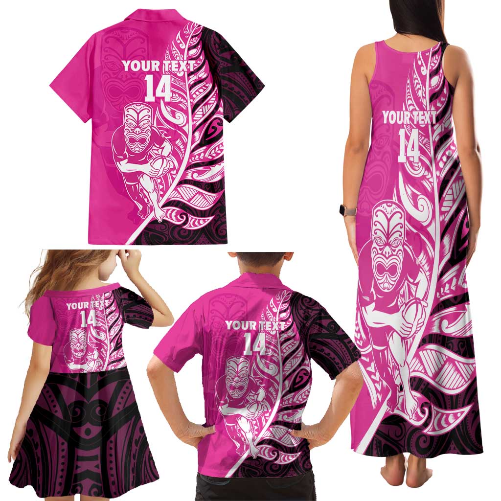 New Zealand Silver Fern Rugby Custom Family Matching Tank Maxi Dress and Hawaiian Shirt All Black Maori Pattern Pink - Aussie Hoodie