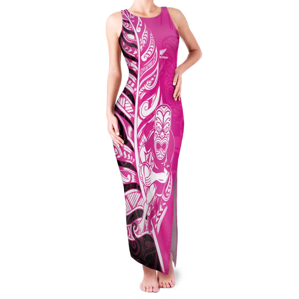 New Zealand Silver Fern Rugby Custom Family Matching Tank Maxi Dress and Hawaiian Shirt All Black Maori Pattern Pink - Aussie Hoodie