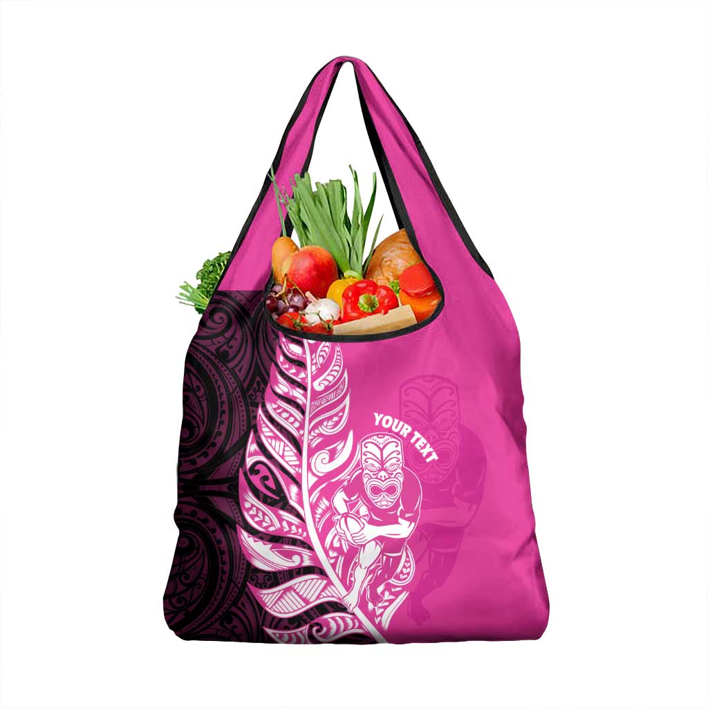 New Zealand Silver Fern Rugby Custom Grocery Bag All Black Maori Pattern Pink - Aussie Hoodie