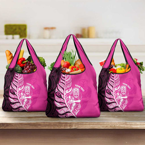 New Zealand Silver Fern Rugby Custom Grocery Bag All Black Maori Pattern Pink - Aussie Hoodie