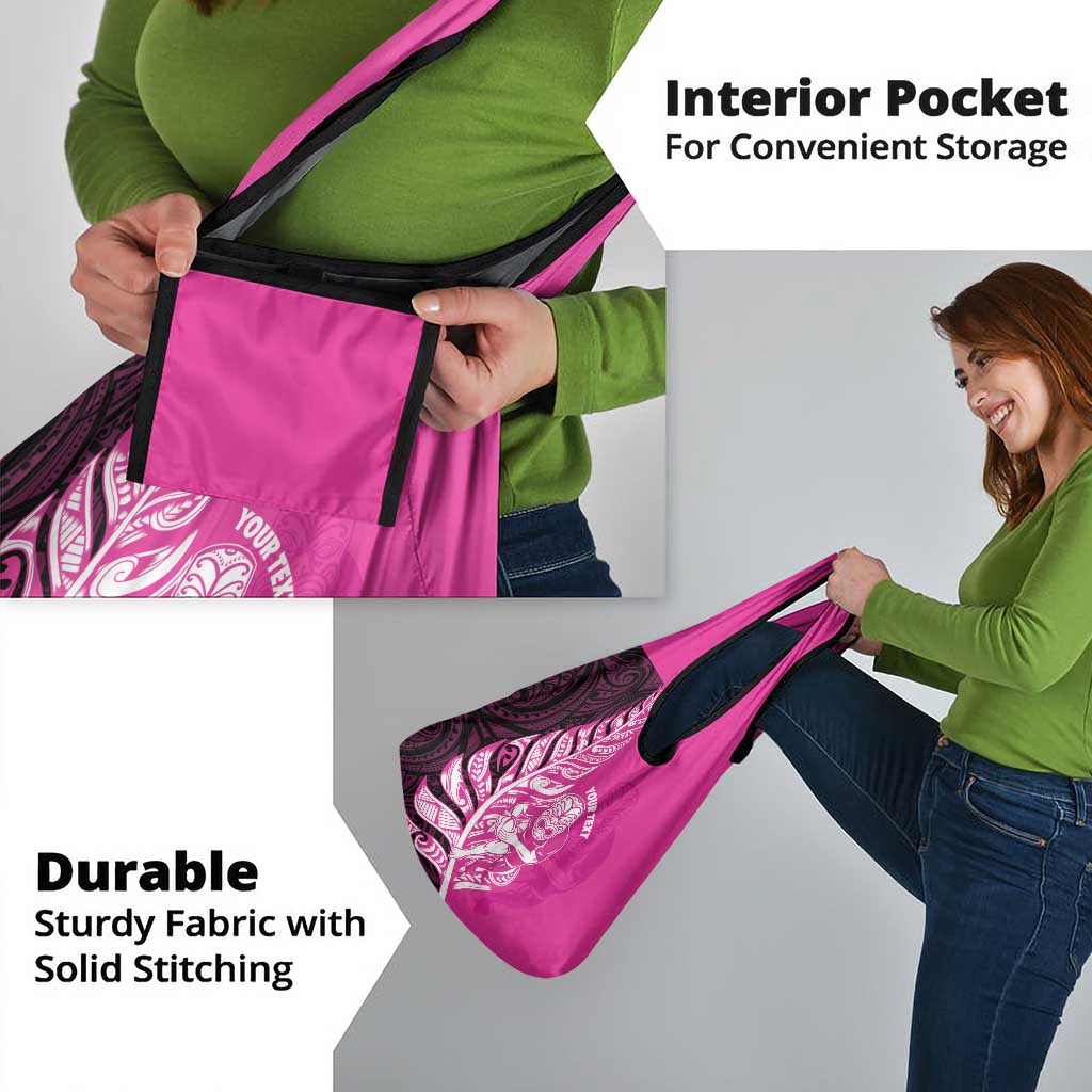 New Zealand Silver Fern Rugby Custom Grocery Bag All Black Maori Pattern Pink - Aussie Hoodie