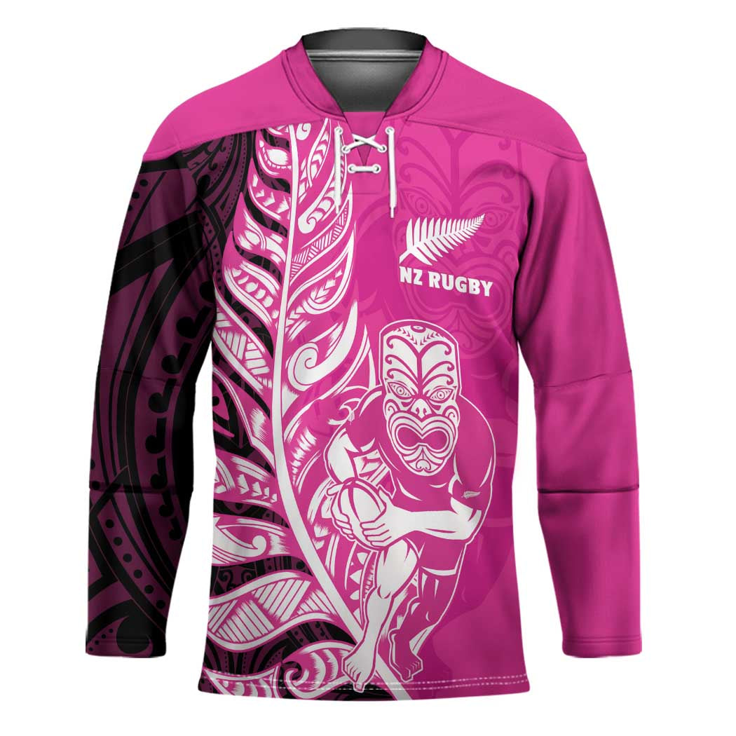 New Zealand Silver Fern Rugby Custom Hockey Jersey All Black Maori Pattern Pink - Aussie Hoodie