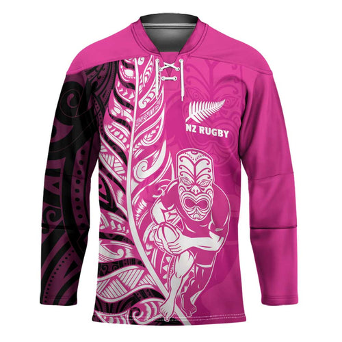 New Zealand Silver Fern Rugby Custom Hockey Jersey All Black Maori Pattern Pink - Aussie Hoodie