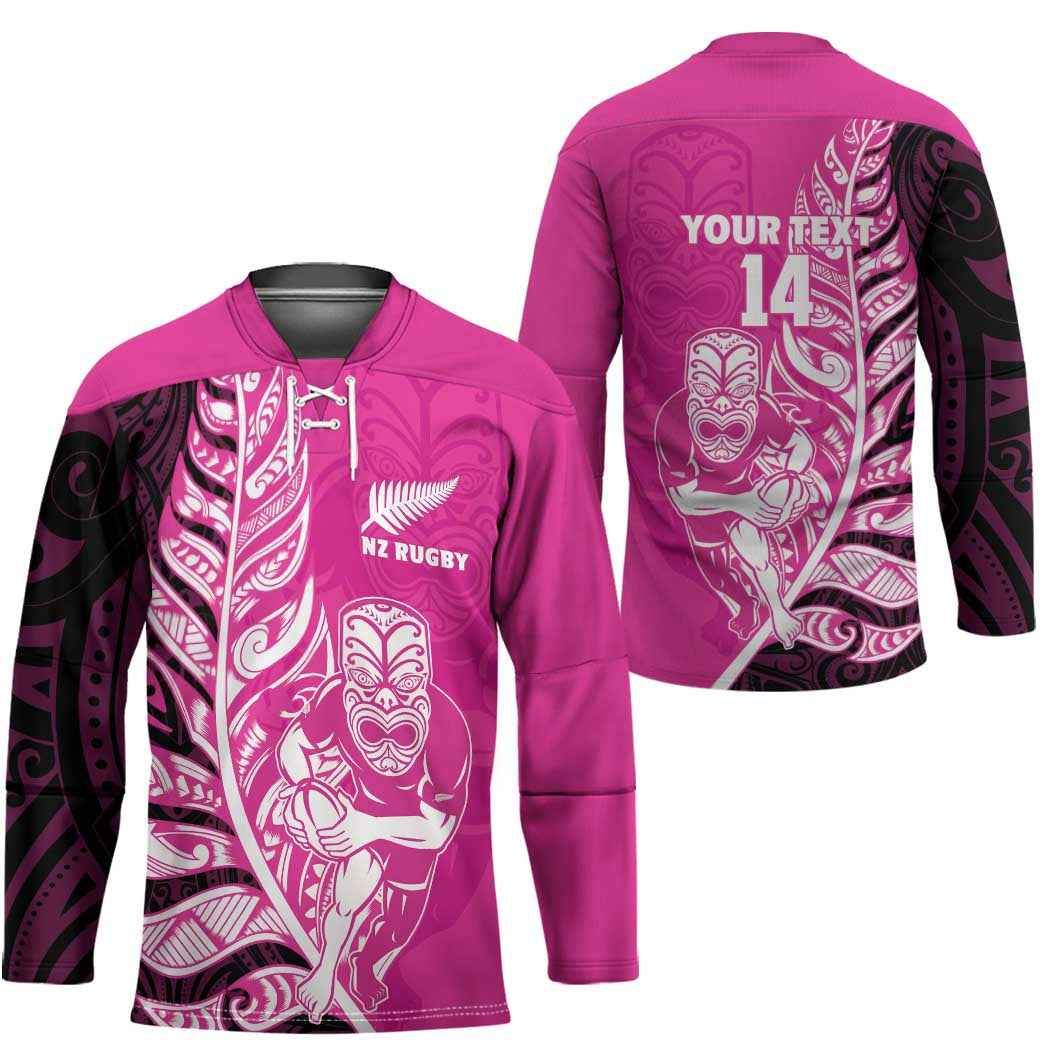 New Zealand Silver Fern Rugby Custom Hockey Jersey All Black Maori Pattern Pink - Aussie Hoodie