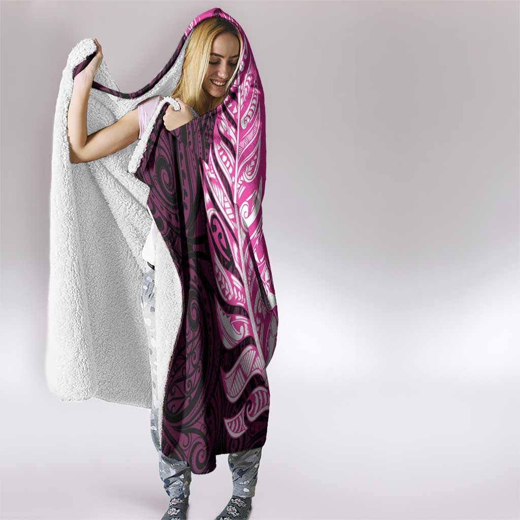 New Zealand Silver Fern Rugby Custom Hooded Blanket All Black Maori Pattern Pink - Aussie Hoodie