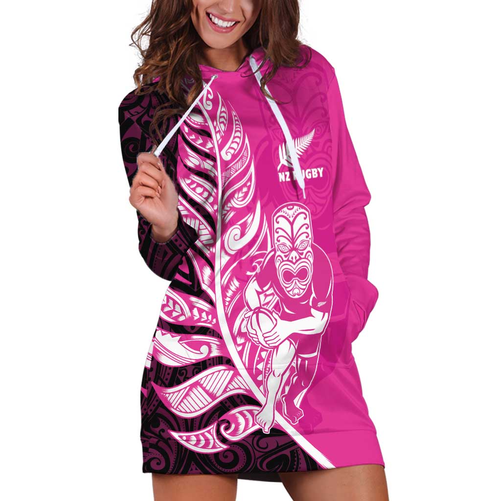 New Zealand Silver Fern Rugby Custom Hoodie Dress All Black Maori Pattern Pink - Aussie Hoodie