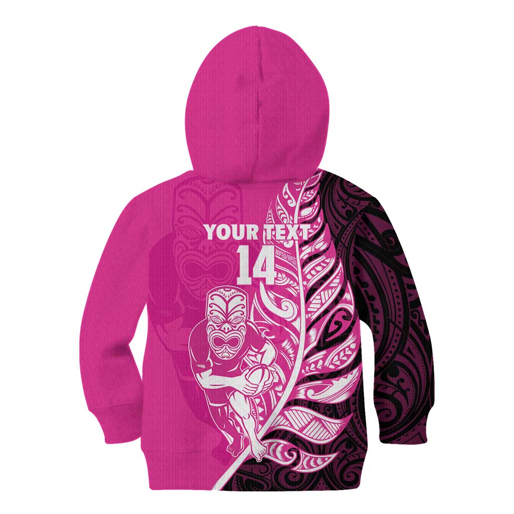 New Zealand Silver Fern Rugby Custom Kid Hoodie All Black Maori Pattern Pink - Aussie Hoodie