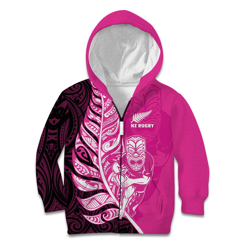 New Zealand Silver Fern Rugby Custom Kid Hoodie All Black Maori Pattern Pink - Aussie Hoodie