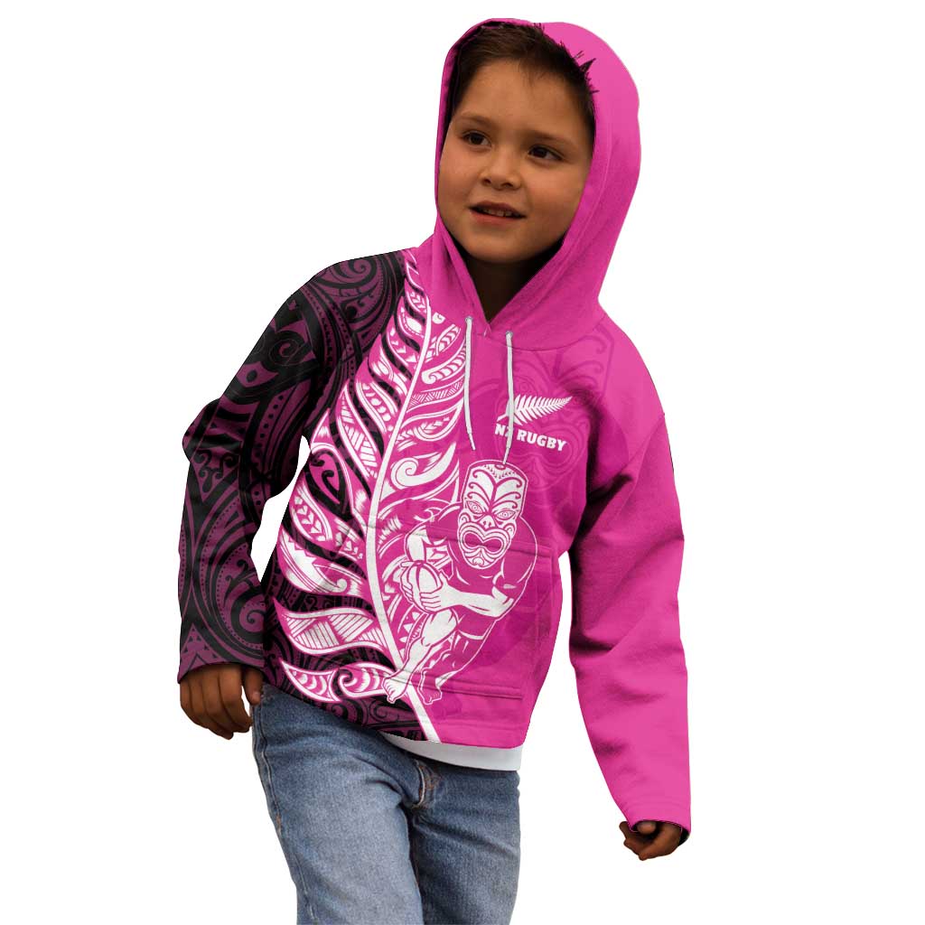 New Zealand Silver Fern Rugby Custom Kid Hoodie All Black Maori Pattern Pink - Aussie Hoodie