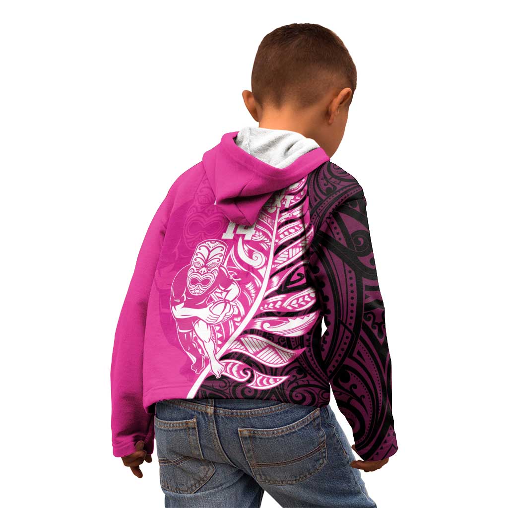 New Zealand Silver Fern Rugby Custom Kid Hoodie All Black Maori Pattern Pink - Aussie Hoodie