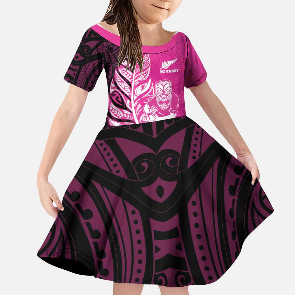 New Zealand Silver Fern Rugby Custom Kid Short Sleeve Dress All Black Maori Pattern Pink - Aussie Hoodie