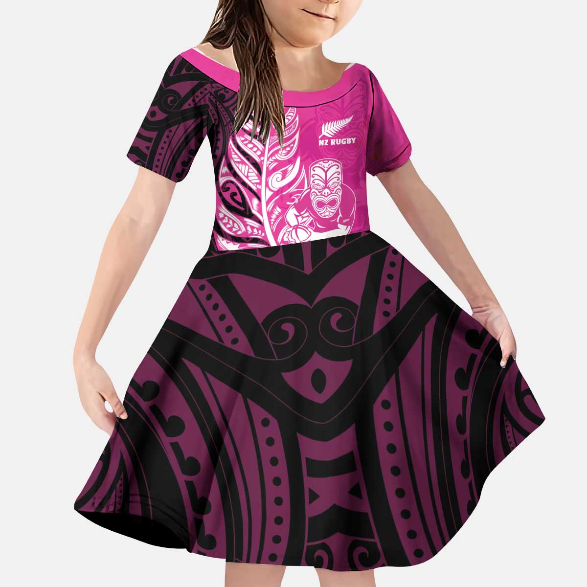 New Zealand Silver Fern Rugby Custom Kid Short Sleeve Dress All Black Maori Pattern Pink - Aussie Hoodie