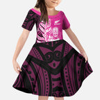 New Zealand Silver Fern Rugby Custom Kid Short Sleeve Dress All Black Maori Pattern Pink - Aussie Hoodie