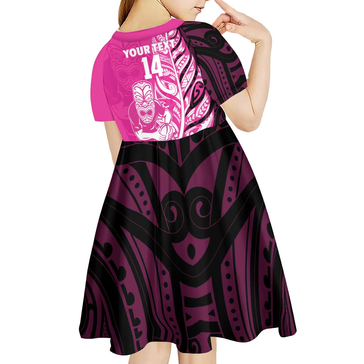 New Zealand Silver Fern Rugby Custom Kid Short Sleeve Dress All Black Maori Pattern Pink - Aussie Hoodie