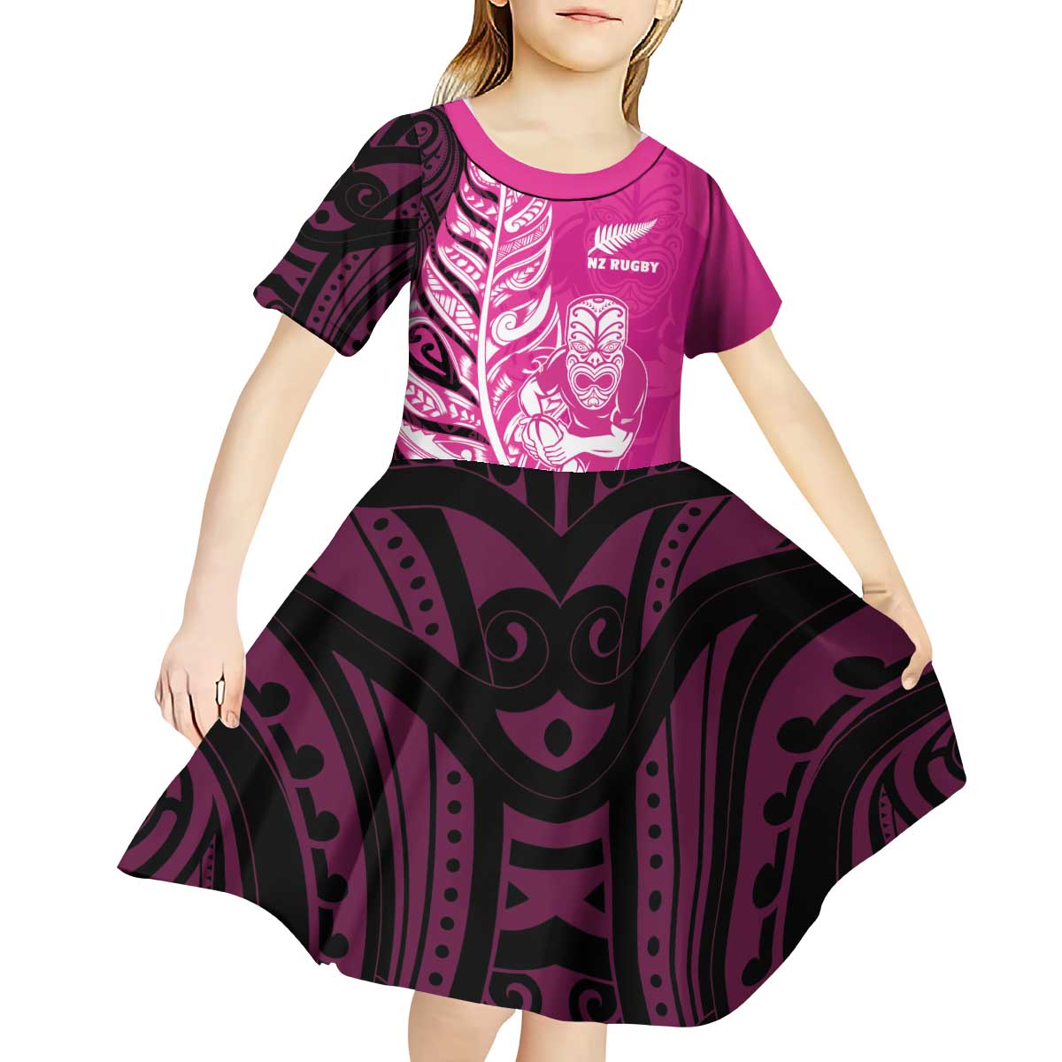 New Zealand Silver Fern Rugby Custom Kid Short Sleeve Dress All Black Maori Pattern Pink - Aussie Hoodie