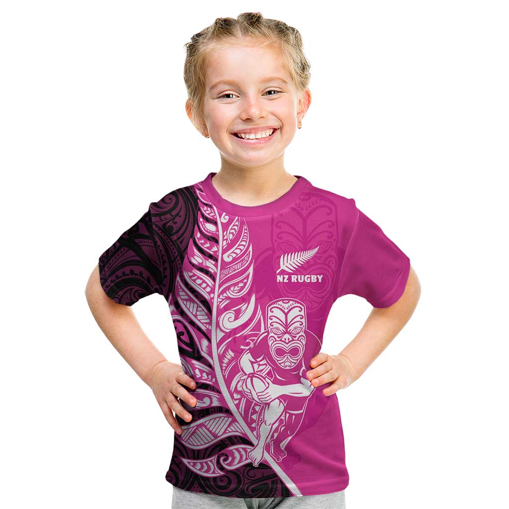 New Zealand Silver Fern Rugby Custom Kid T Shirt All Black Maori Pattern Pink - Aussie Hoodie