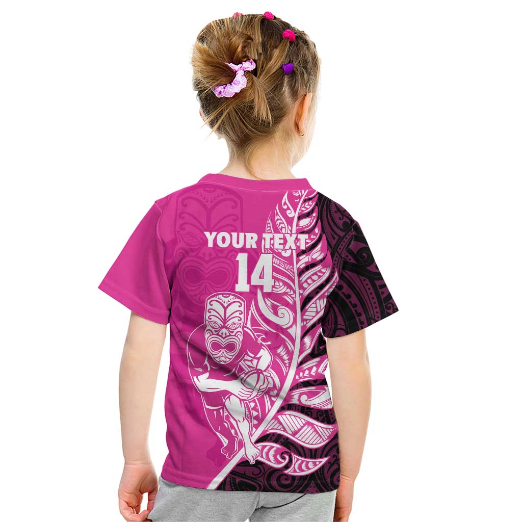 New Zealand Silver Fern Rugby Custom Kid T Shirt All Black Maori Pattern Pink - Aussie Hoodie
