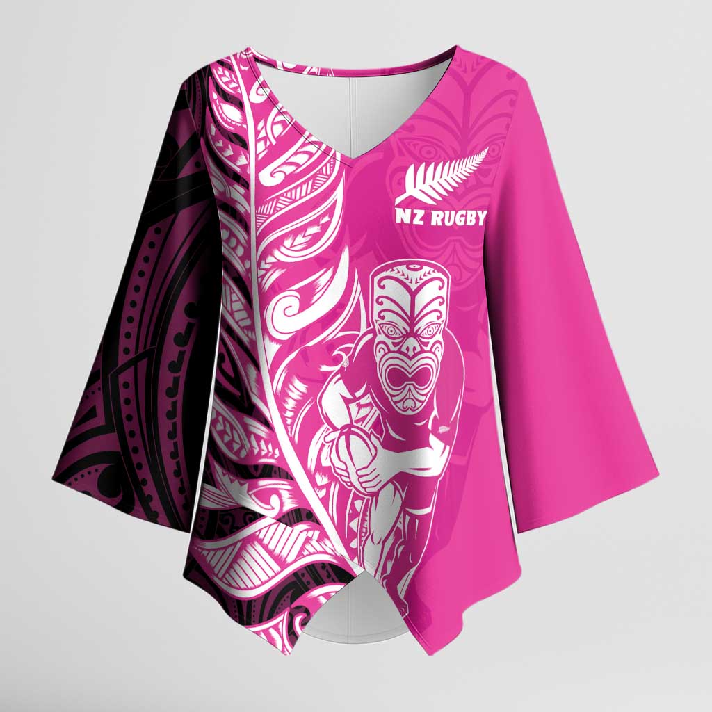 New Zealand Silver Fern Rugby Custom Kimono Sleeve Blouse All Black Maori Pattern Pink - Aussie Hoodie