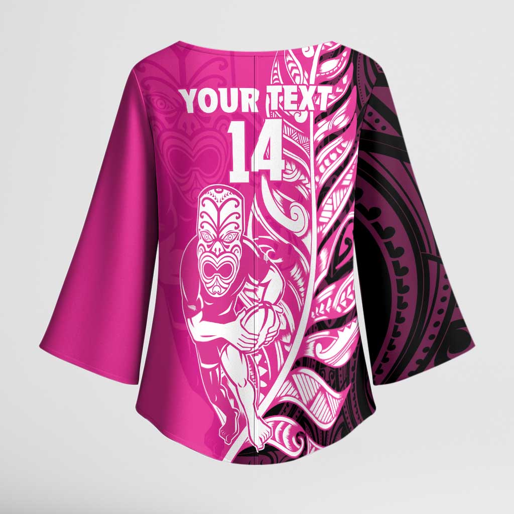 New Zealand Silver Fern Rugby Custom Kimono Sleeve Blouse All Black Maori Pattern Pink - Aussie Hoodie