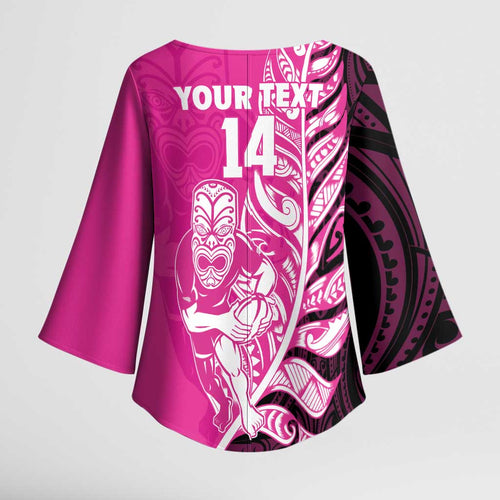 New Zealand Silver Fern Rugby Custom Kimono Sleeve Blouse All Black Maori Pattern Pink - Aussie Hoodie