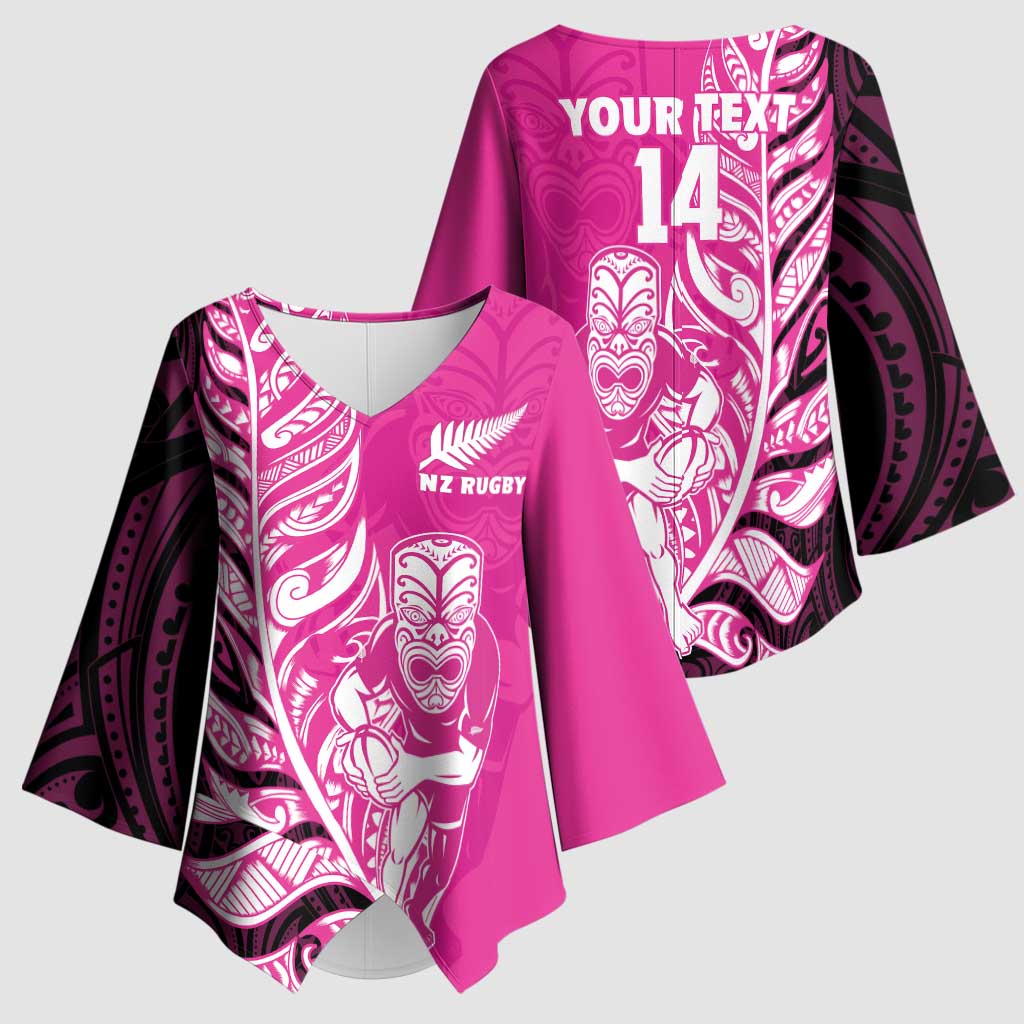 New Zealand Silver Fern Rugby Custom Kimono Sleeve Blouse All Black Maori Pattern Pink - Aussie Hoodie