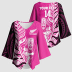 New Zealand Silver Fern Rugby Custom Kimono Sleeve Blouse All Black Maori Pattern Pink - Aussie Hoodie